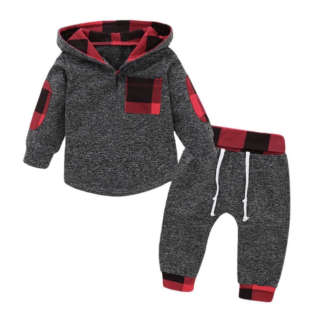 Buffalo Plaid and Gray Hoodie Set
